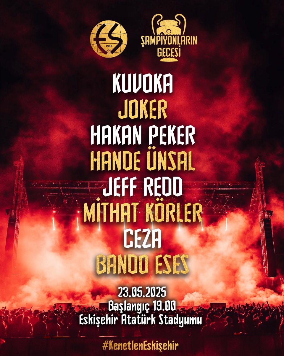 🏆 ŞAMPİYONLARIN GECESİ 🏆

🎉 Şampiyonluk kutlaması için, 23 Mayıs’ta Eskişehir Atatürk Stadyumu’nda buluşuyoruz!

🎤 Kuvoka, Joker, Hakan Peker, Hande Ünsal, Jeff Redd, Mithat Körler, Ceza ve Bando ESES’in sahne alacağı, sürprizlerle dolu bu muhteşem gecede sen de yerini al!