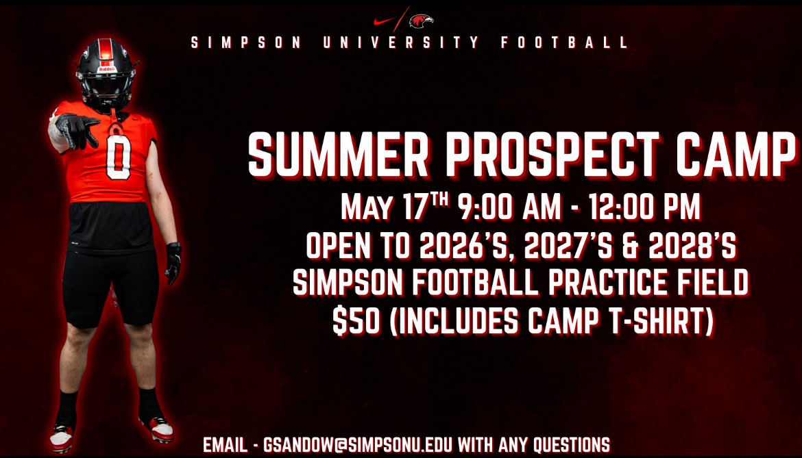 Garrett Sandow (@coachg_simpson) on Twitter photo TOMORROW (5/17) IS THE DAY. SO FIRED UP TO SEE THE TALENT ON OUR CAMPUS.
REGISTERED TODAY!!! simpsonredhawks.com/registrations/…
Walk up sign ups available as well.
<a href="/CoachSDD/">Shawn Daniel</a> <a href="/SimpsonU_FB/">Simpson U Football</a> TOMORROW (5/17) IS THE DAY. SO FIRED UP TO SEE THE TALENT ON OUR CAMPUS.
REGISTERED TODAY!!! simpsonredhawks.com/registrations/…
Walk up sign ups available as well.
<a href="/CoachSDD/">Shawn Daniel</a> <a href="/SimpsonU_FB/">Simpson U Football</a>
