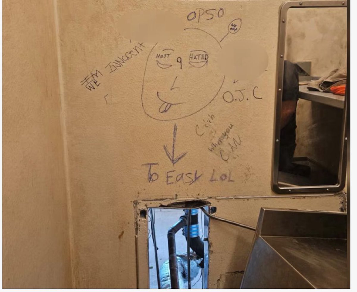 Chris_R_Welty's tweet photo. @FOX8NOLA obtained a photo of a hole in the wall of the jail where the inmates reportedly escaped, according to law enforcement sources. Scribbled around the hole are messages including “To Easy LOL,” “Catch us when you can,” “We innocent,” “Most Hated,” and profanity. https://t.co/NYKUxJTpY3