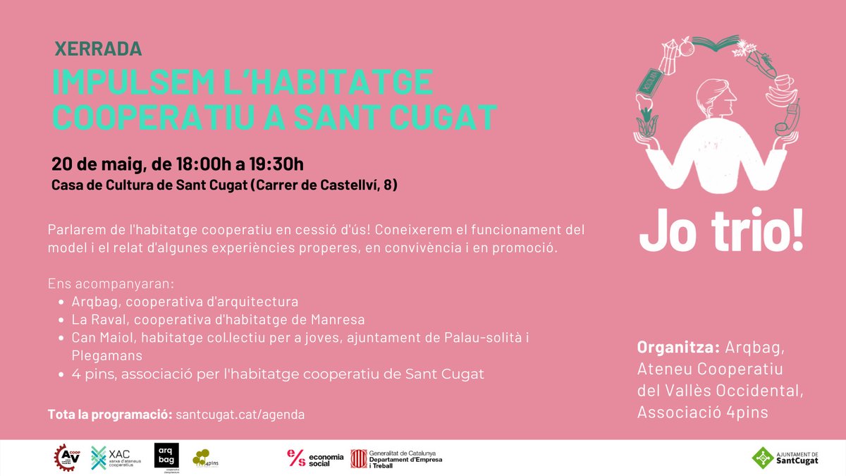 'Impulsem l'habitatge cooperatiu a Sant Cugat' és la xerrada en què podràs conèixer models d'habitatge en cessió d'ús.

📌 Dimarts 20/05 | 18 h |
Casa de Cultura | Sant Cugat

Amb:
🔸️ Arqbag
🔸️ La Raval
🔸️ Can Maiol
🔸️ 4 pins

Inscriu-t'hi! 👉 serveis.ateneucooperatiuvalles.org/program/mes-de…