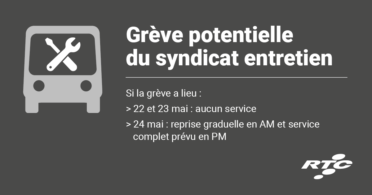 RTCQuebec's tweet image. Potentielle grève des employés de l’entretien les 22 et 23 mai : prévoyez vos déplacements en cas d’interruption de service rtcquebec.ca/medias/communi…