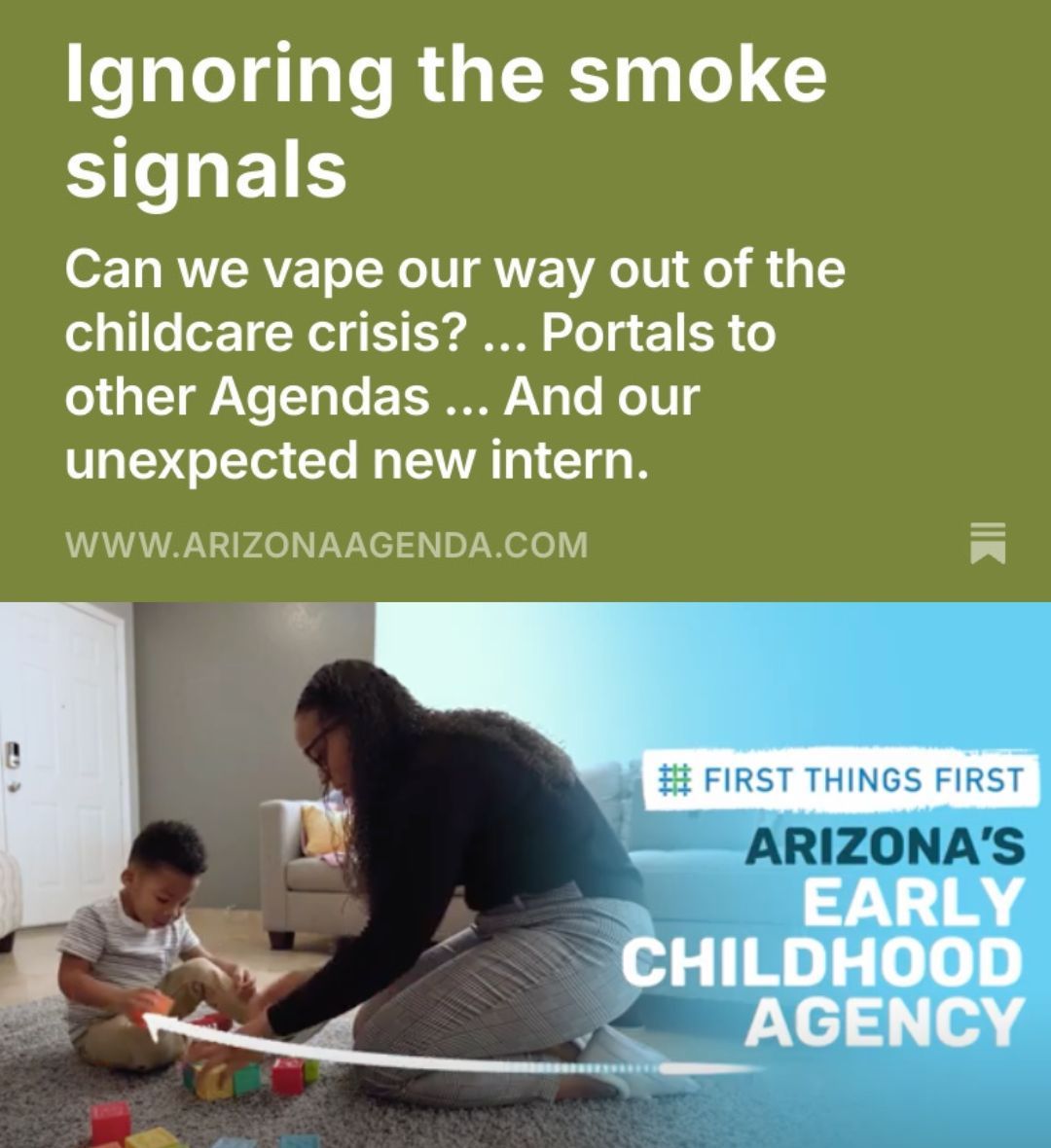 arizonaagenda's tweet photo. Arizonans aren’t smoking enough cigarettes to fund childcare. A vape tax lawmakers ignored this year could’ve helped, but there are systemic issues that need addressing, too. (🔗 in bio) https://t.co/4fnJC9Tx2o