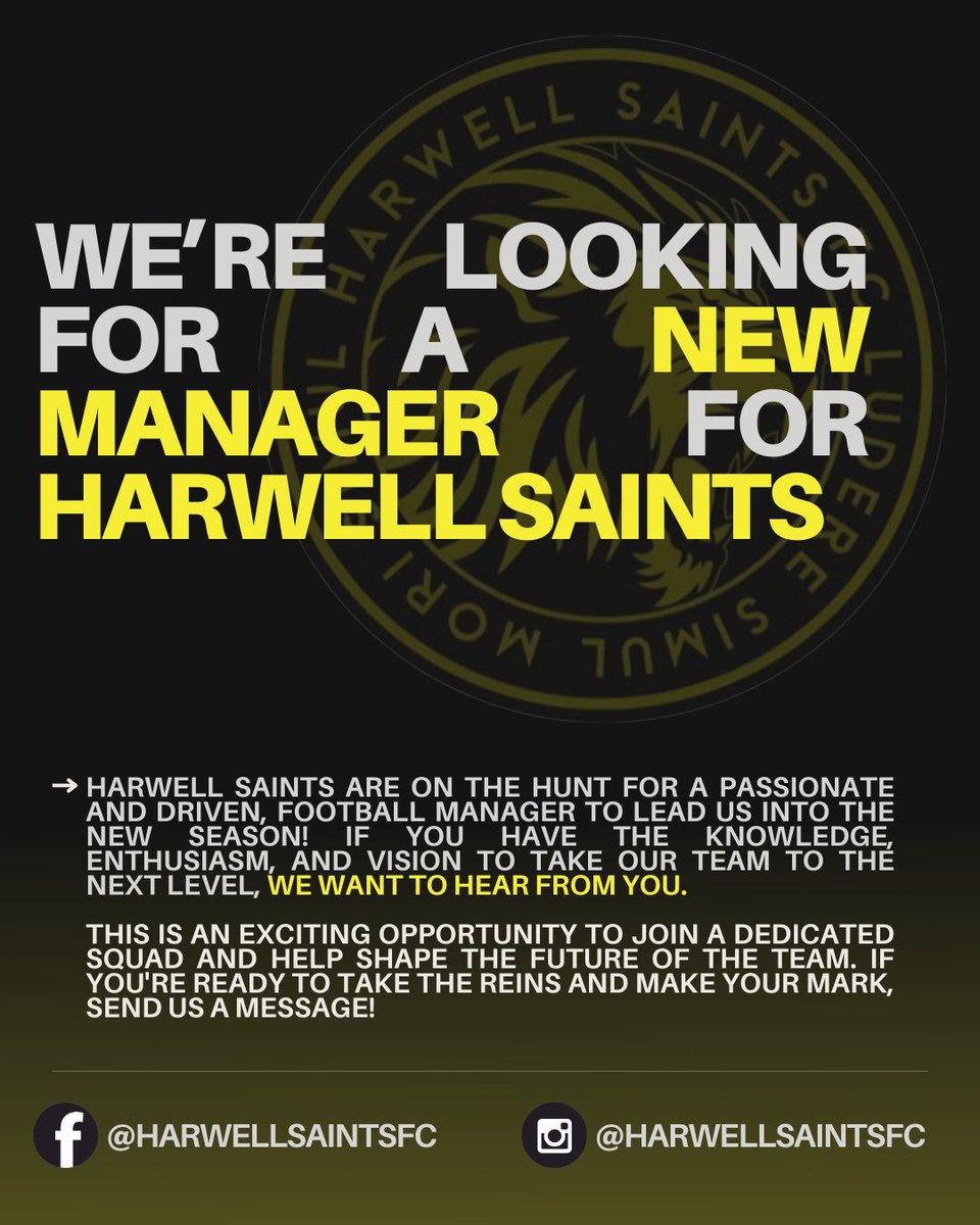 Harwell Saints are searching for a new football manager to lead the team into the upcoming season! After a fresh start with a newly shaped squad, we’re eager to find someone with the right mix of experience, passion, and leadership to guide us forward, Drop a DM for details