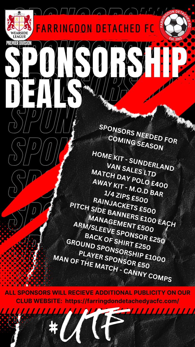 Farringdon Detached Football Club men’s team are on the lookout for sponsors for the 25/26 season, we will be playing in the Wearside Premier Division with sights on the Northern League.