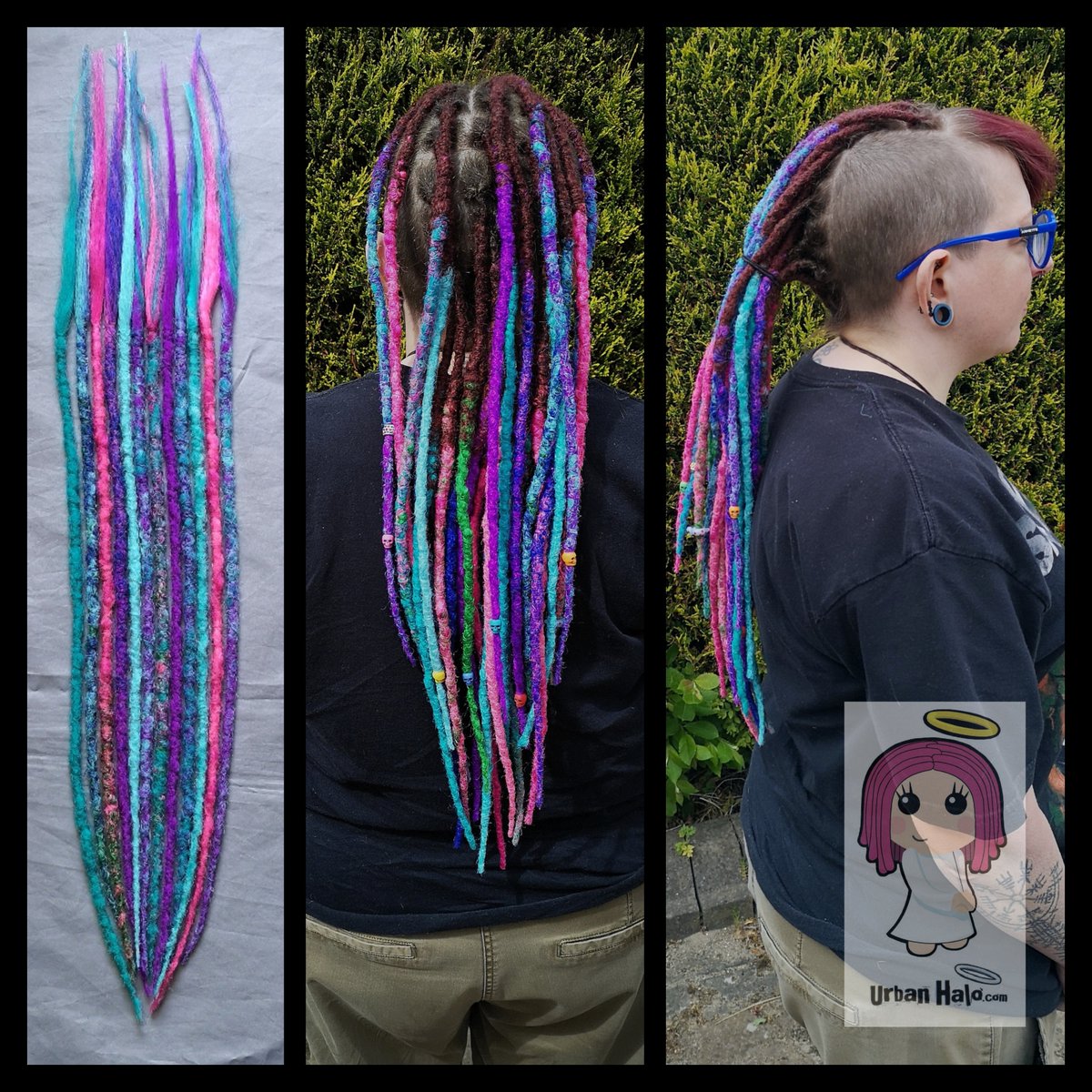 Urban_Halo's tweet image. Got a fun rainbow #dreadhawk for you today!

Long term dreadlocks for Lianne, with ultra bright galaxy colour mixed synthetic #dreadextensions. 
... And the cutest teeny tiny skull beads!
😇💚💙🩵💜🩷💀💀💀

#urbanhalouk #dreads #rainbowhair #dreadhead #fyp