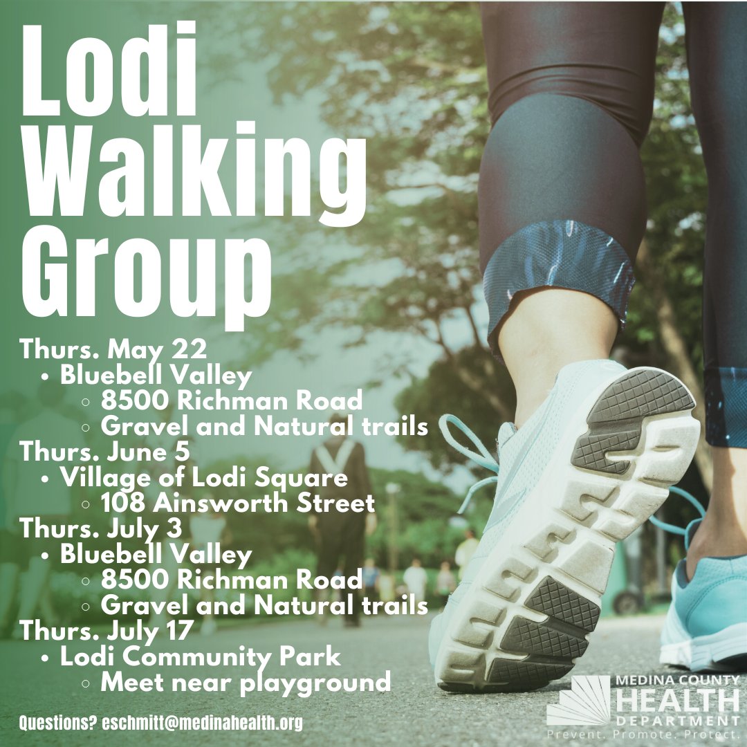 Warmer weather is here, so that means we're taking our walking group outside!
Bring a friend and join us at our Lodi Walking Groups this summer:
🕙10:00-10:45 am

Thurs. May 22
📍Bluebell Valley - 8500 Richman Road

Thurs. June 5
📍 Village of Lodi Square -108 Ainsworth Street
