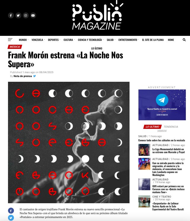 PRO_PRESS_'s tweet image. El cantautor de origen trujillano @FRANKMORONMUSIC  estrena su nuevo sencillo promocional «La Noche Nos Supera» con el que brinda un abreboca de lo que será su próximo álbum titulado «Postales» a estrenar en 2025