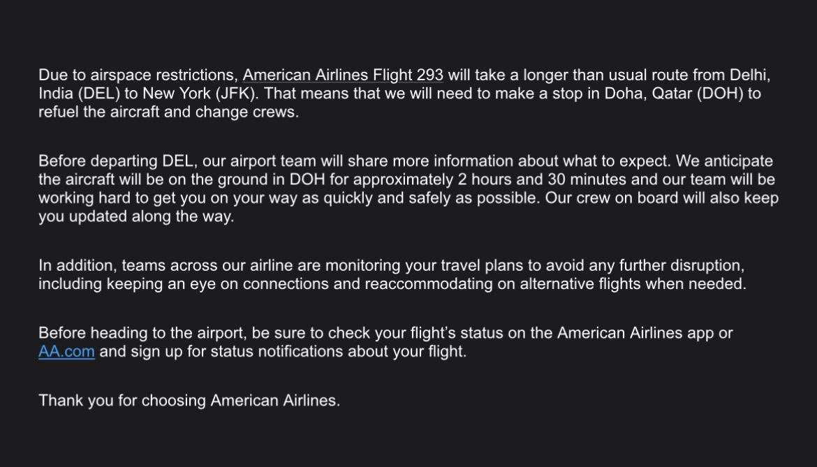 mr_dnivra's tweet photo. American Airlines AA293 from DEL to JFK is rerouted via DOH for refueling and crew swap. 
Info.. https://t.co/IUY6zynnfs