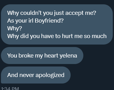 Yelena_Belova67's tweet photo. EXPOSE POST ON @/DarkChaosBoy So in my rp gc like yesterday he said this stuff I said I wasn't ready to date yet because I just had a breakup But today he has been harassing me in dms and calling me his girlfriend when we were never dating https://t.co/k02US0ITeb