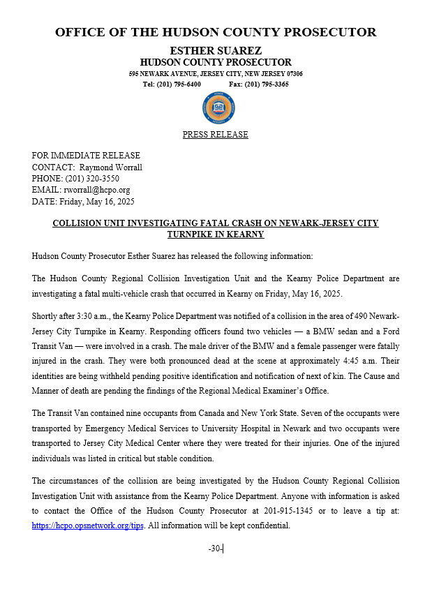 PRESS RELEASE - Collision Unit Investigating Fatal Crash On Newark-Jersey City Turnpike In Kearny