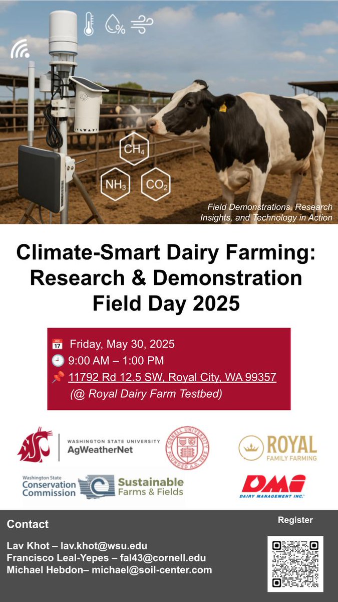 🐄 Join us for the Climate-Smart Dairy Farming Field Day 2025!
📅 May 30 | 🕘 9 AM–1 PM
📍 Royal Dairy Farm, Royal City, WA
Explore regenerative farming, weather &amp; emissions tech from WSU &amp; Cornell University. Sustainability in action! 🌱
🔗 Register: brownpapertickets.com/event/6653378