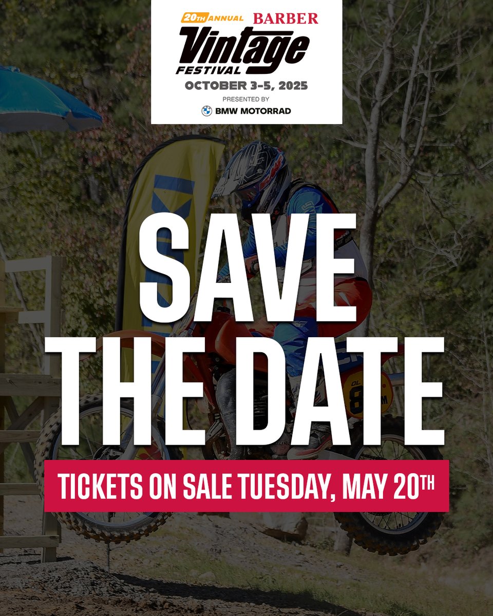 🚨SAVE THE DATE 🚨

Barber Vintage Festival presented by BMW Motorrad tickets go on sale Tuesday, May 20 at 2 PM CT‼️ 🏍️

#BHMVintage #BVF