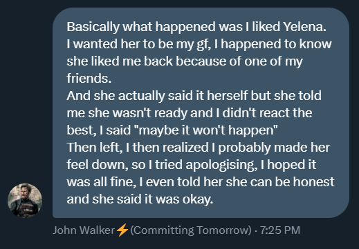Yelena_Belova67's tweet photo. EXPOSE POST ON @/DarkChaosBoy So in my rp gc like yesterday he said this stuff I said I wasn't ready to date yet because I just had a breakup But today he has been harassing me in dms and calling me his girlfriend when we were never dating https://t.co/k02US0ITeb