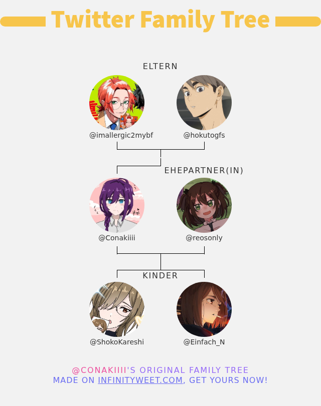 Conakiiii's tweet photo. 👨‍👩‍👧‍👦 meine Twitter-Familie:
👫 Eltern: @imallergic2mybf @hokutogfs
👰 Ehepartner(in): @reosonly
👶 Kinder: @ShokoKareshi @Einfach_N

➡️ https://t.co/4hKD4CuYZb https://t.co/PklhZnMiBn