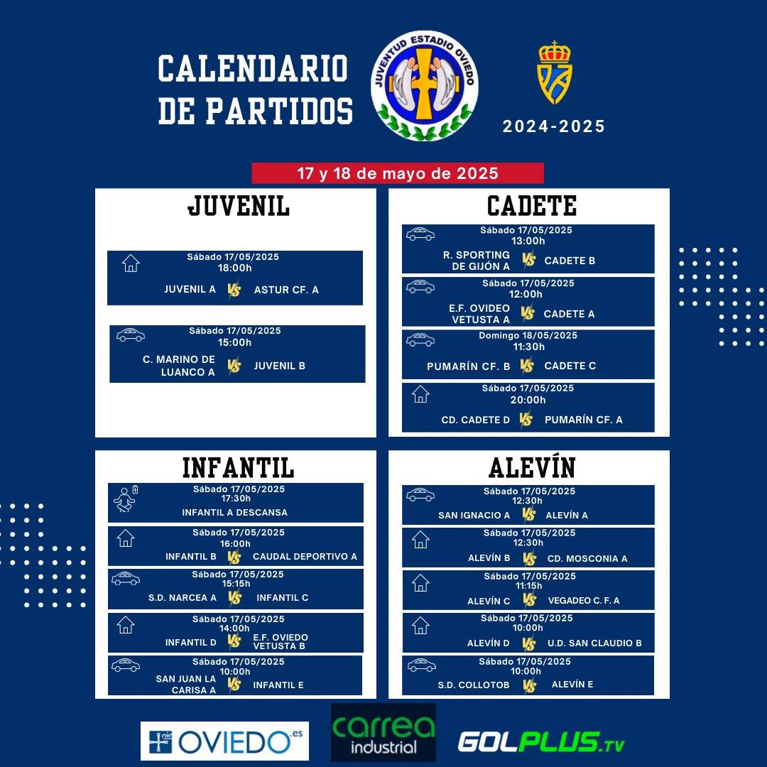 🗓️⌚️𝗛𝗢𝗥𝗔𝗥𝗜𝗢𝗦 𝗗𝗘 𝗣𝗔𝗥𝗧𝗜𝗗𝗢𝗦 𝗘𝗡 𝗖𝗔𝗠𝗣𝗢!!! ⚪️🔵 

Finde 16 y 17 mayo de 2025 ⚽️

#123Estadio💙
#Fútbol8 #Fútbol11 #FútbolBase
#Fútbolcomoestilodevida 👇👇