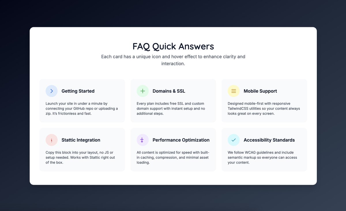 FAQ Components for the Stattic library

Just a few samples of what's going to be included in the initial launch 💪💯