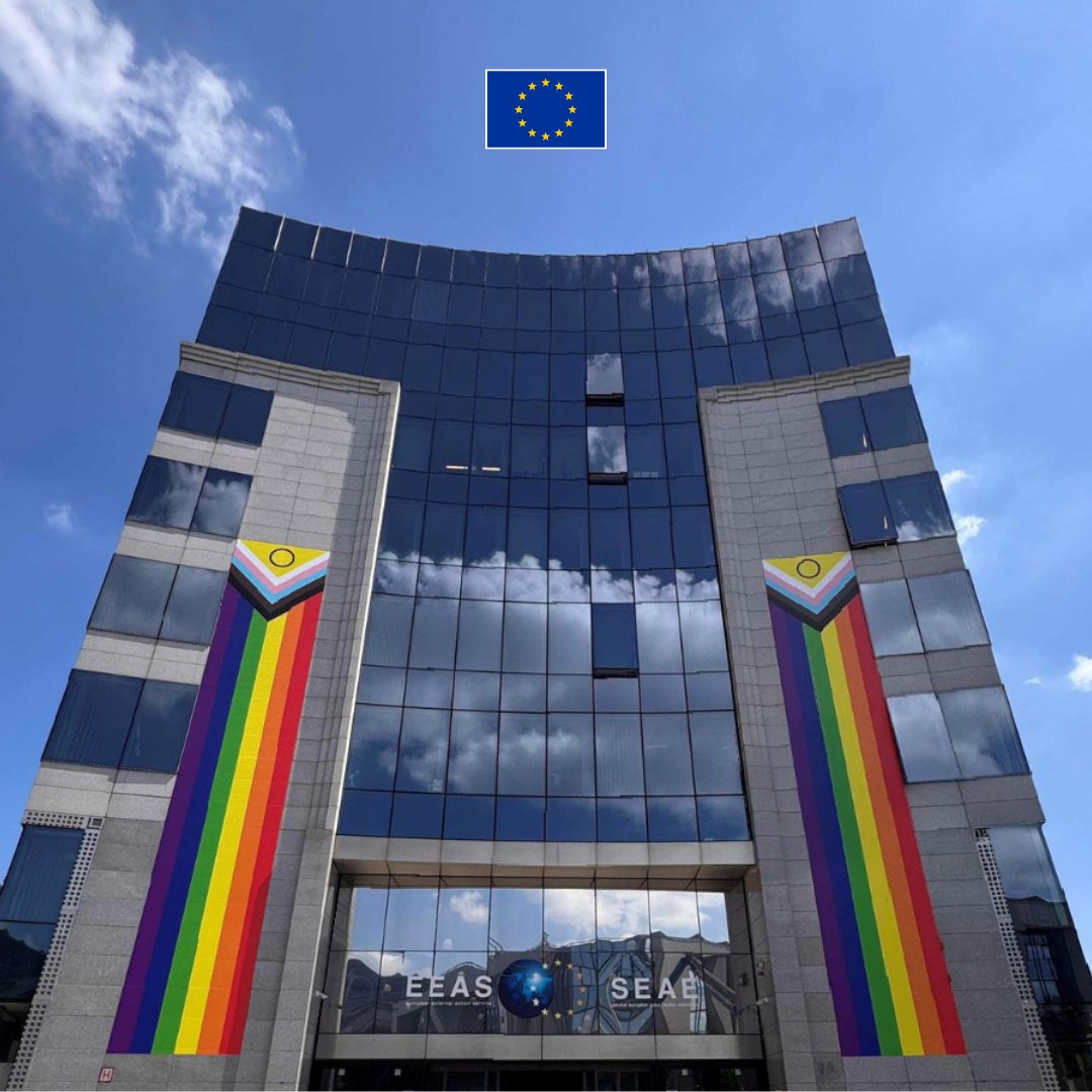Tomorrow is the International Day Against Homophobia, Transphobia and Biphobia. At the EEAS, we mark it with the colours of the Progress Pride flag on our facade.

Learn how the EU supports a fairer, more inclusive future for LGBTIQ+ people here: europa.eu/!DVyTW9

#IDAHOT