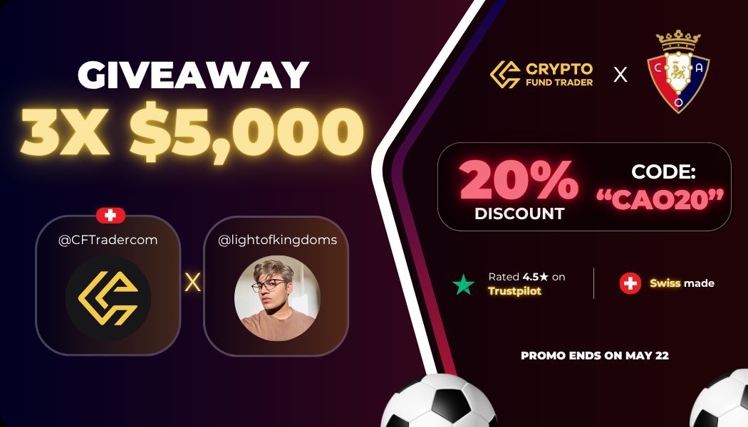 lightofkingdoms's tweet photo. 3x $5000 challenge accounts:  Partnership special ⚽️🏟️

- Follow @CFTradercom &amp; @lightofkingdoms 
- Like and retweet  
- Tag 3 friends  

Enjoy 20% off with code CAO20 this week. 🤝 https://t.co/tjIKyqrd15