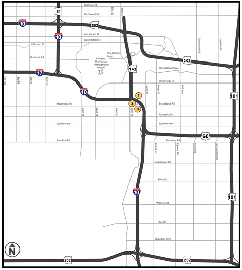 🚧 WEEKEND RESTRICTIONS 🚧 on the I-10 Broadway Curve Project. The westbound I-10 Collector-Distributor road will be closed between Broadway Road and SR 143 from 10 p.m. Saturday, May 17, to 6 a.m. Sunday, May 18, for sign installation. Visit the project website for more details.