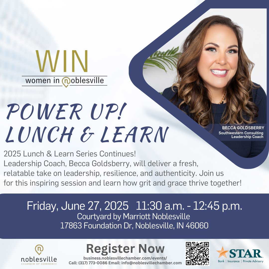 NoblesvilleCOC's tweet image. WIN 2025 Power Up Lunch & Learn Series continues!
Power Up with WIN and join us for the 2nd Lunch & Learn session: The Power of Grit & Grace with Becca Goldsberry.
Reserve your seat today (lunch is included): ow.ly/6gkw50VU3sR