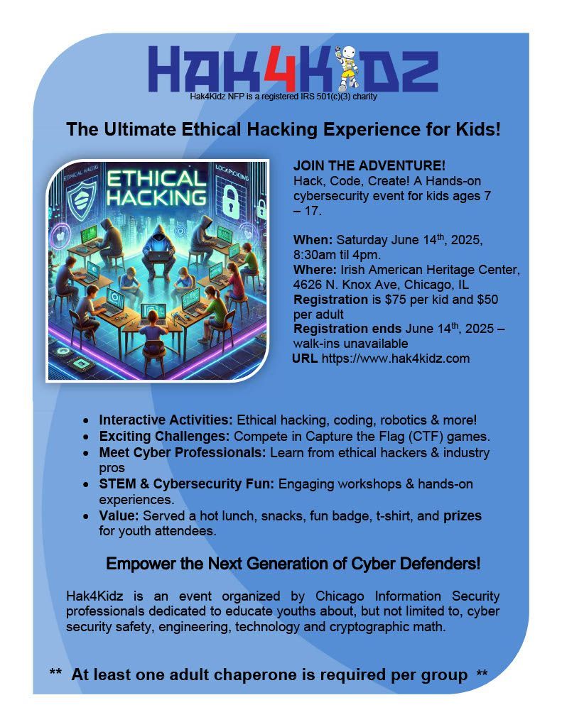 Less than a month to go! 🔧 Join us June 14 at the Irish American Heritage Center in Chicago for #Hak4Kidz — STEM, soldering, lock picking &amp; more in a safe, fun space for kids. Sign up: hak4kidz.com
#STEM #KidsTech #STEAM #Cybersecurity