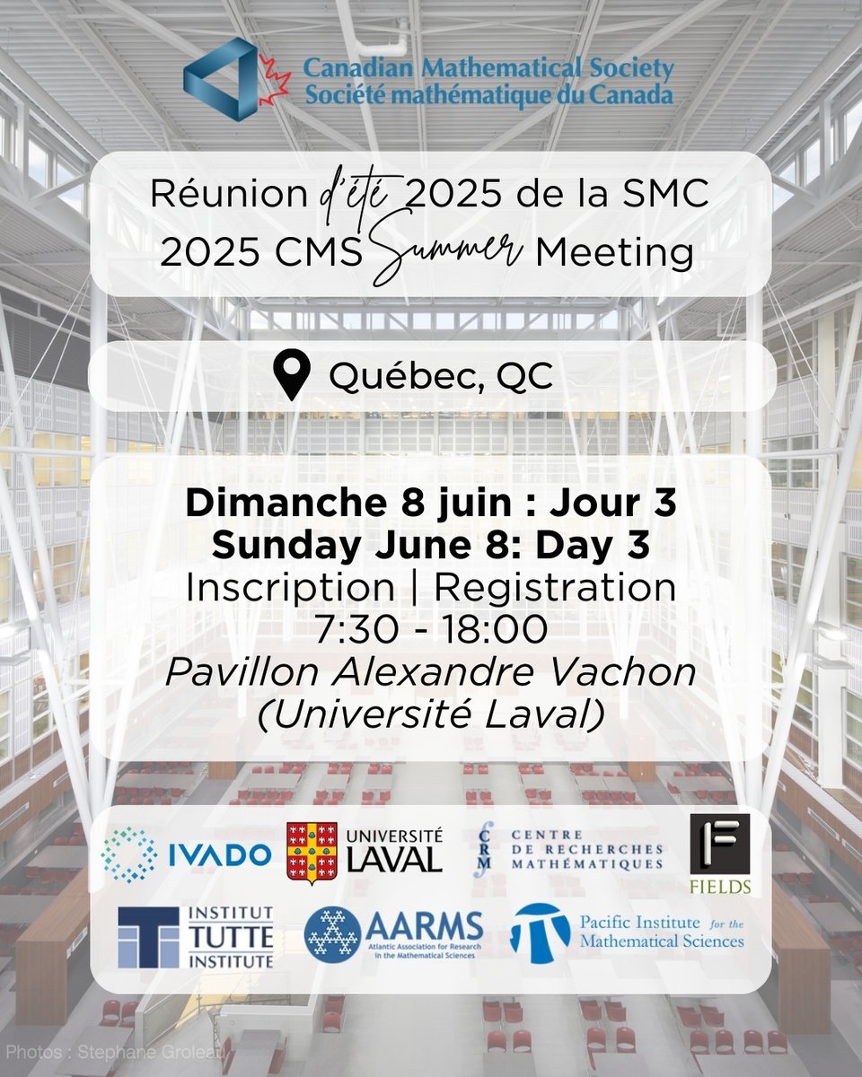 Bon 3e jour de conférence ! Venez nous voir au bureau d'inscription au Pavillon Alexandre Vachon entre 7h30 et 18h.

Happy 3rd Conference Day! Come see us at the registration desk in Pavillon Alexandre Vachon between 7:30am and 6pm.