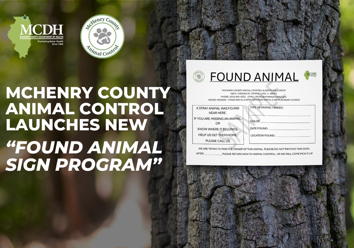 🐾 New “Found Animal Sign Program” aims to reunite lost pets with their families!

McHenry County Animal Control is placing signs near where stray pets are found to help alert neighbors and connect animals with their owners. 🐶🐱

📍Learn more: mcdh.link/animal-control…