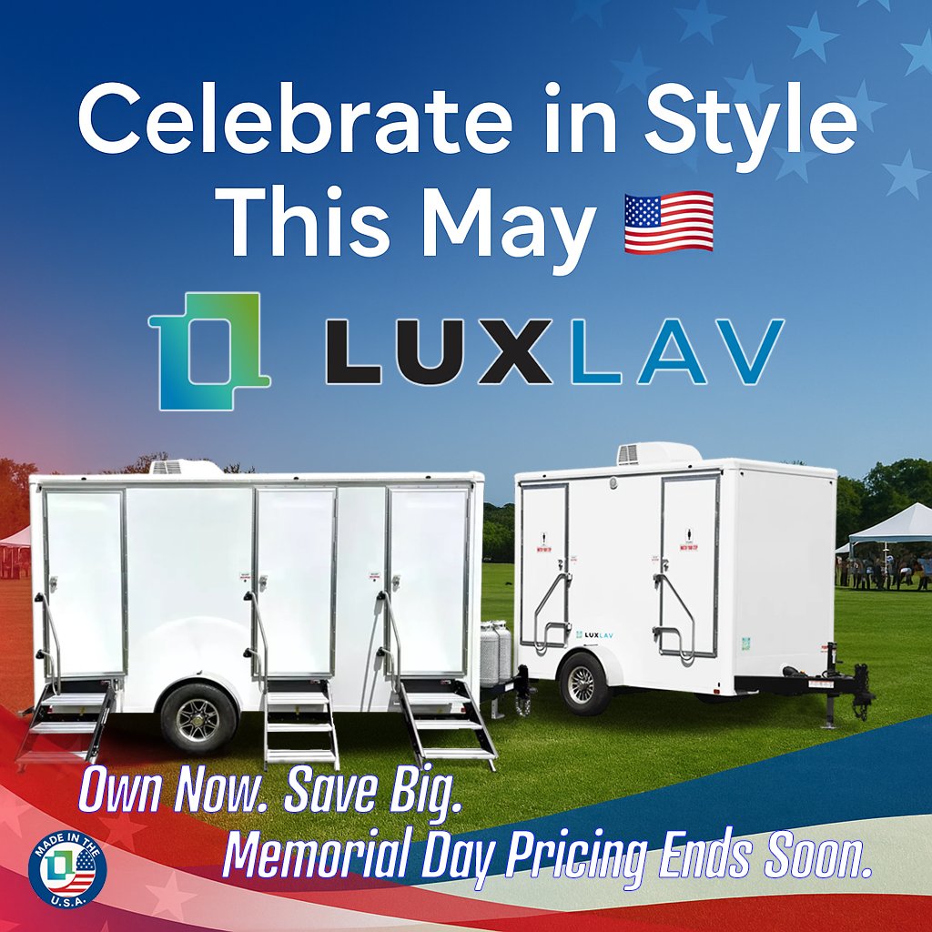 luxlavtrailers's tweet photo. 🚨 Memorial Day Deal: Get a $750 rebate on shipping when you buy a LuxLav 2 or 3-station luxury trailer 💥
Perfect for event pros, venues &amp; rental fleets.
In stock now — limited supply!
https://t.co/w2VkmmyZGB
#MemorialDayDeals #RestroomTrailers #TrailerForSale #LuxuryRestrooms https://t.co/stv6cIk638