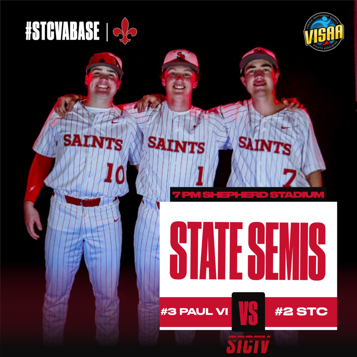 Varsity Baseball GAMEDAY‼️
VISAA Semifinals
📅 Friday, May 16
🆚 #3 Paul VI
🕖 7 PM
📍 Shepherd Stadium, Colonial Heights
🎟️ $10 gofan.co/app/school/VIS…
📺💻 youtube.com/live/F--X2kMbk…
#StCVABase