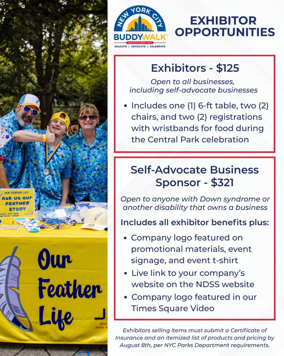 National Down Syndrome Society (@ndss) on Twitter photo Email Lauren at lkelley@ndss.org to secure your exhibitor spot! ๐ Self-advocate businesses exhibiting at the 2025 New York City Buddy Walk for the first time will secure a spot in the Times Square Video Presentation. Email Lauren at lkelley@ndss.org to secure your exhibitor spot! ๐ Self-advocate businesses exhibiting at the 2025 New York City Buddy Walk for the first time will secure a spot in the Times Square Video Presentation.