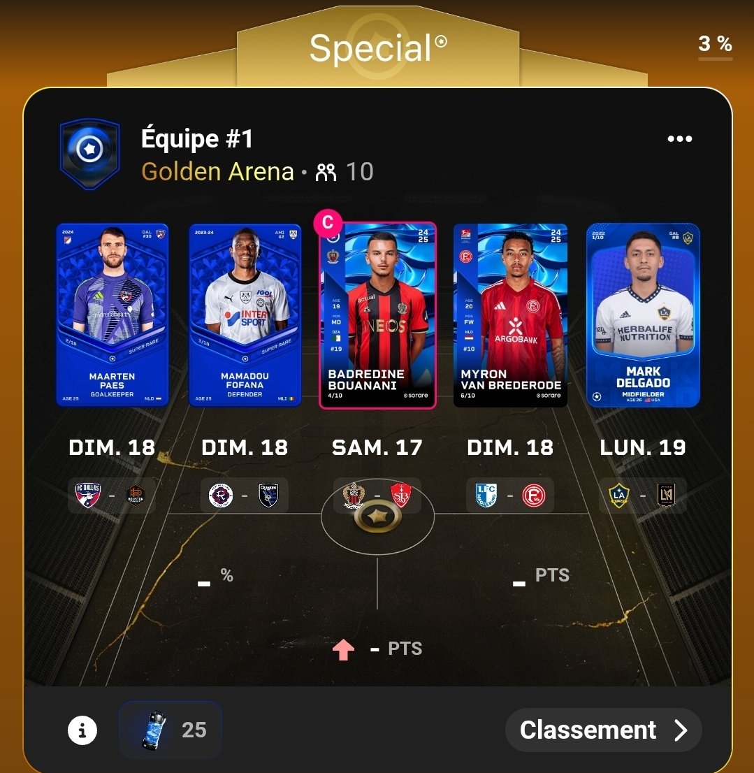 Major_legacy_'s tweet photo. Ca fait plaisir de pouvoir tester le mode Arena en Super Rare ce week-end @sorare !
Devinez quoi ? Ce sera une Golden Arena avec 200 essences 🔵 pour le gagnant 🔥
On va croiser les doigts pour que les planètes s'alignent 😁
#sorare #arena #goldenarena https://t.co/XffEKNEOvJ
