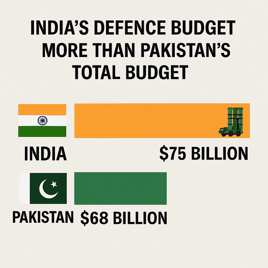 Kumar08082's tweet photo. India's $75B defence budget overshadows Pakistan's total $68B budget. 🇮🇳⚔️ This gap highlights India's focus on military strength while Pakistan struggles to keep up. A wake-up call for the region! #IndiaPakistan #DefenceSpending https://t.co/xCqXJLXiK7