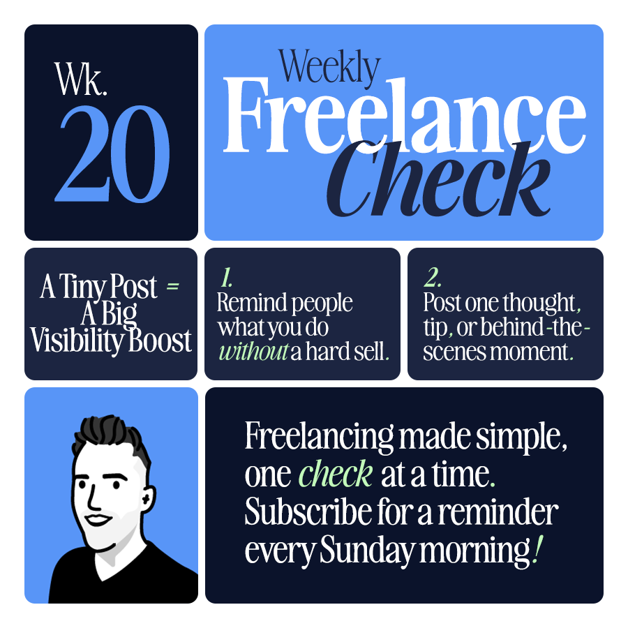 freelancecheck's tweet photo. A tiny post can lead to a big visibility boost. 👀

This week’s #FreelanceCheck:
✅ Remind people what you do
✅ Post one tip, thought, or behind-the-scenes moment.

No hard sell needed. https://t.co/e8nOFlPxcE