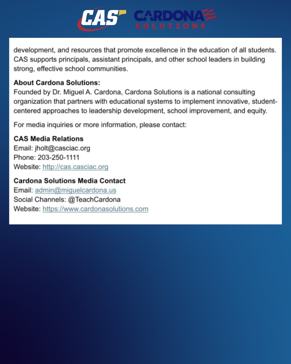 CT Association of Schools (@cas_ct) on Twitter photo CAS is proud to announce a partnership with Cardona Solutions, founded by former U.S. Secretary of Education Dr. Miguel A. Cardona to help school districts and educational leaders across Connecticut build innovative systems of leadership, growth, and sustainable improvement. CAS is proud to announce a partnership with Cardona Solutions, founded by former U.S. Secretary of Education Dr. Miguel A. Cardona to help school districts and educational leaders across Connecticut build innovative systems of leadership, growth, and sustainable improvement.