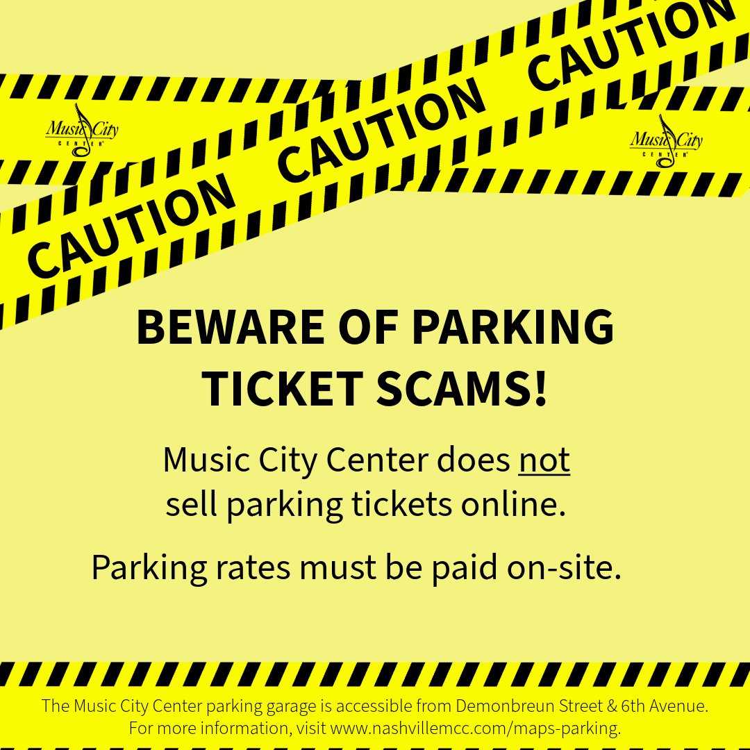 Hello, friends! 👋🏼 Beware of any site selling parking tickets for the MCC garage. Music City Center does not offer, nor accept, parking tickets or passes from any third-party vendor. Parking rates must be paid on-site. Rates are posted at garage entry points. Be safe!