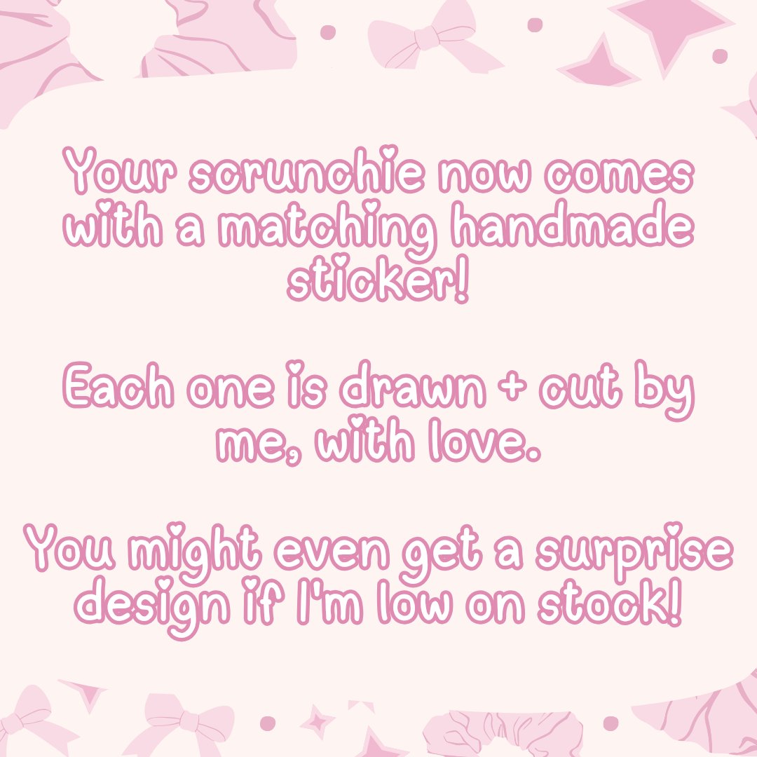 LilBooCrafts's tweet image. Exciting news! 🩷🌸

Every LilBooCrafts scrunchie order now includes a matching hand-drawn sticker, cut by me with love! If your design’s sold out, you might get a surprise fave instead. Thanks for supporting handmade magic!

#LilBooCrafts #HandmadeWithLove #SmallBizMagic