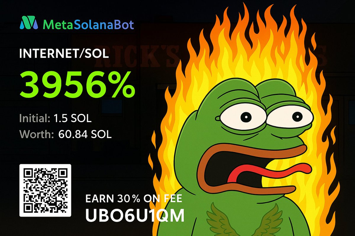 TrendBotSOL's tweet photo. 🤯BOOM on TrendBOT⚡
Imagine turning $250 into $10,000 in just 20 minutes.

That’s exactly what happened with:
INTERNET (Cosmic Pepe)
Called at: $28.9k MC
ATH: $1.4M
⏱️ Time to ATH: 27 min
📈 Xs: 47.89x
🔥 Top trade: 32.8x
📊 Profit: +3183.82%

Hesitate and you miss out.
#Crypto https://t.co/97FAmCq7lS