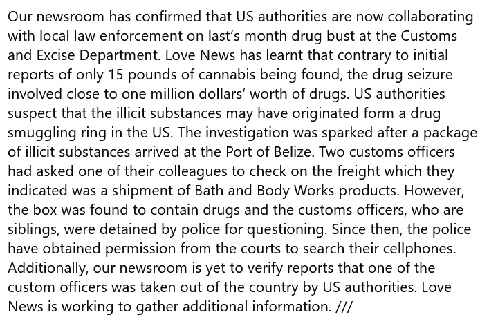 U.S. law enforcement investigating million dollar drug bust implicating Port of Belize officials.