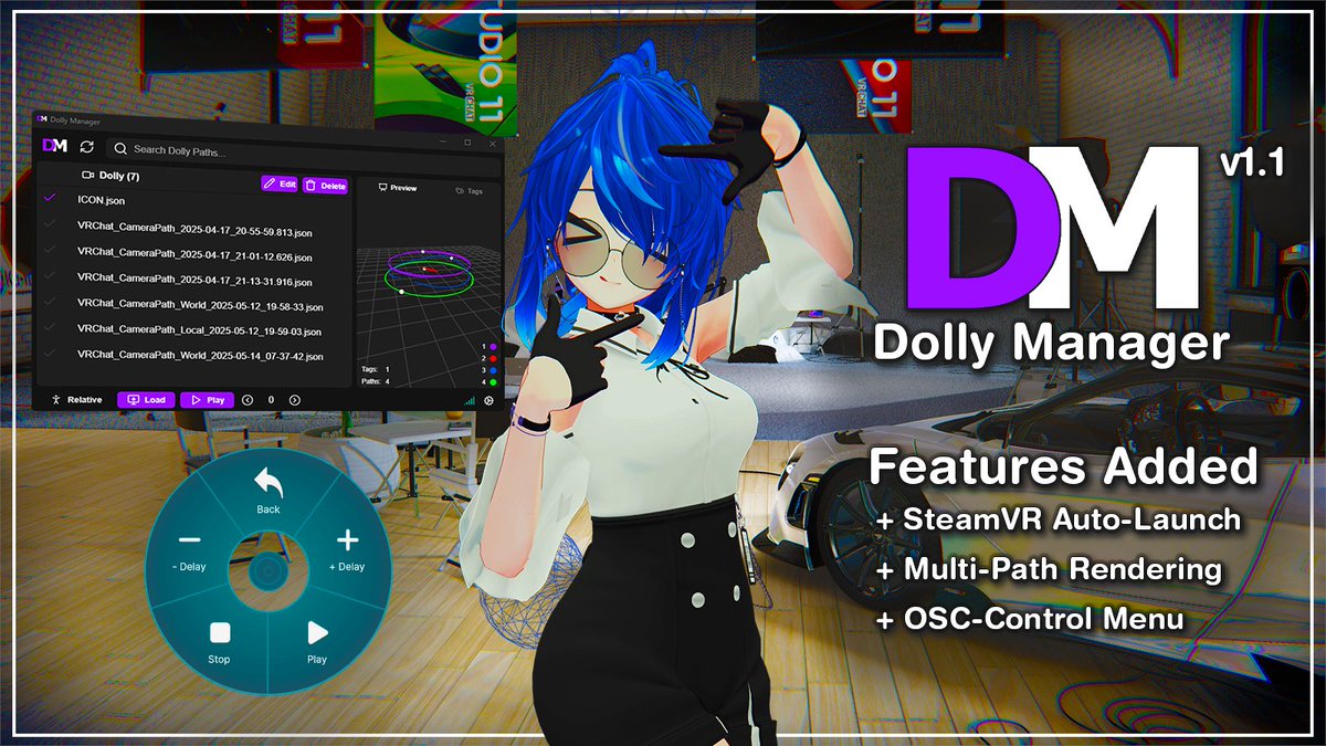 Hey Nerds From #VRChat👋
My Dolly Manager has been updated to v1.1! 
This update includes various QoL updates such as: 
- SteamVR Auto-Launch 
- Multi-Path Dolly Rendering 
- OSC Controls Menu  

👇Check below for my Github and Booth Page!