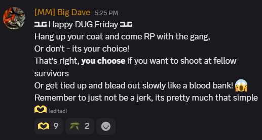 DayzUnderground's tweet photo. Happy DUG Friday! See you at the restart on DayZ's oldest community server! 😎

Join Us: https://t.co/Kww6PEB74U

https://t.co/s77qXiipFY

#dayz #dayzcommunity #talentfordayz #dayzpc #dayzserver https://t.co/tUuqegAZLC
