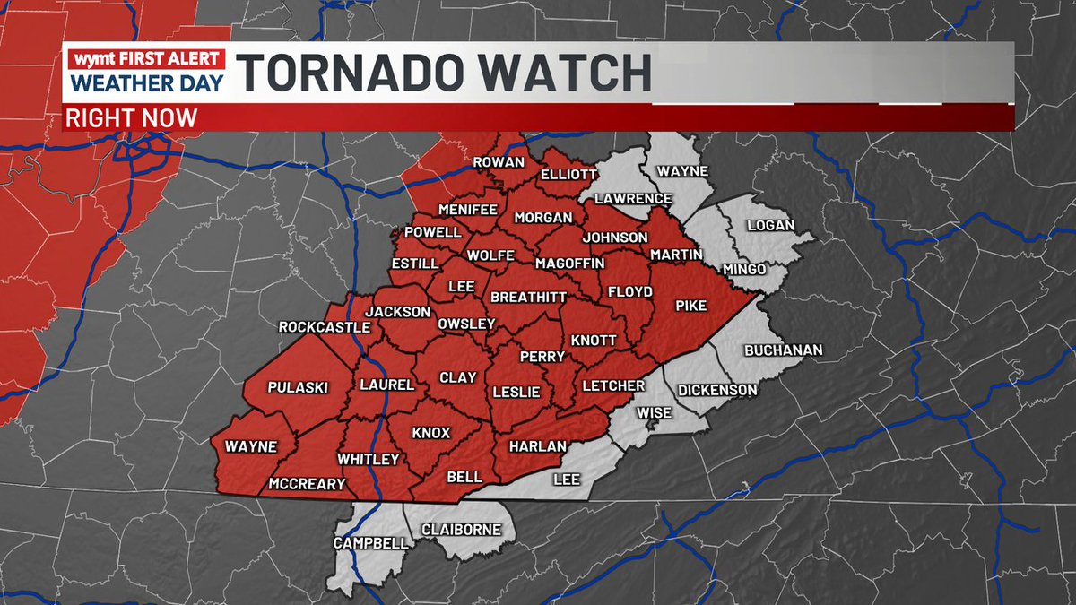 WYMT's tweet photo. FIRST ALERT: A Tornado WATCH has been issued for the counties shaded in red until May 17 3:00AM EDT. Stay up to date with the WYMT First Alert Weather App. More info - https://t.co/QzeqR7dIKt #kywx #wvwx #vawx #tnwx https://t.co/VQ1Gg7G20G