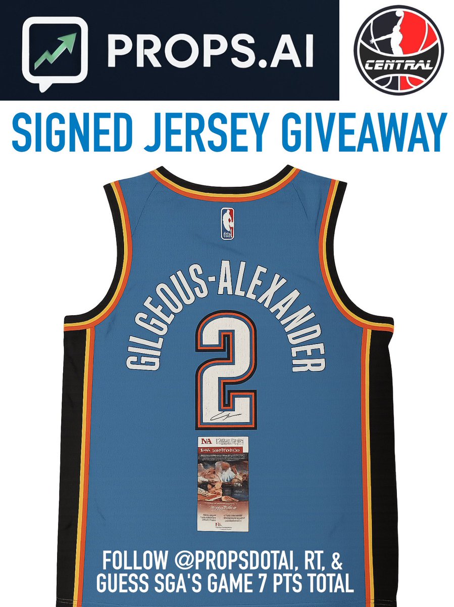 We’re giving away a SIGNED SGA jersey, courtesy of <a href="/propsdotai/">props.ai</a>! 

To enter the giveaway, simply:

Follow <a href="/propsdotai/">props.ai</a> 

Retweet👇

Guess how many points SGA will score in GM 7! 🔢
 
After the game, a follower that guessed the right amount will be announced the winner by
