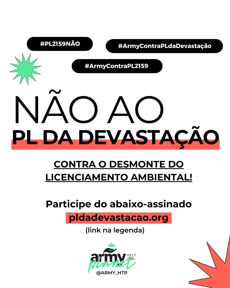 ARMY_HTP's tweet photo. 🚨 S.OS. 🚨

Army, está para ser votado nas Comissões do Senado já na semana que vem o PL da Devastação, que acaba com o regramento mínimo que existe para atividades poluidoras.

É um momento crucial e precisamos pressionar!

Participe do abaixo-assinado https://t.co/CTDRaqqB6A 

Rt + comente:

PL DA DEVASTAÇÃO NÃO 

#PL2159NÃO #ArmyContraPLdaDevastação