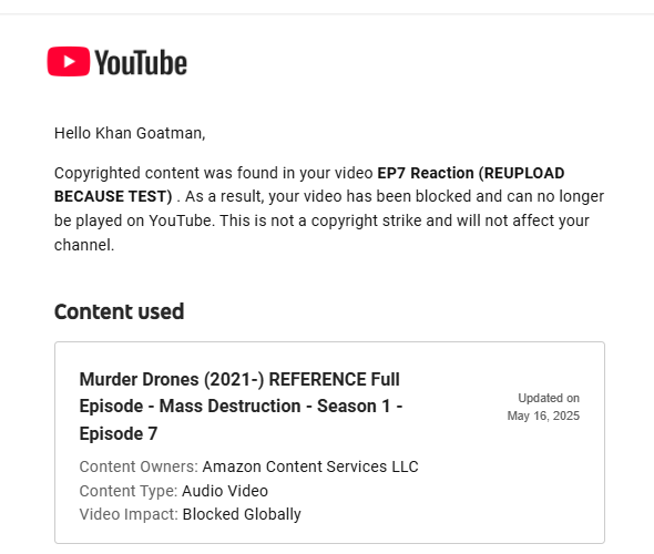 KeyDroneSora04's tweet photo. It comes to show everyone and on Youtube is experiencing this problem of new MD videos getting taken down/ demontized even ever since it released on Amazon Prime.
Please spread this AWARNESS 🙏
#Murderdrones #savemurderdrones https://t.co/HJ3nvIvzOE