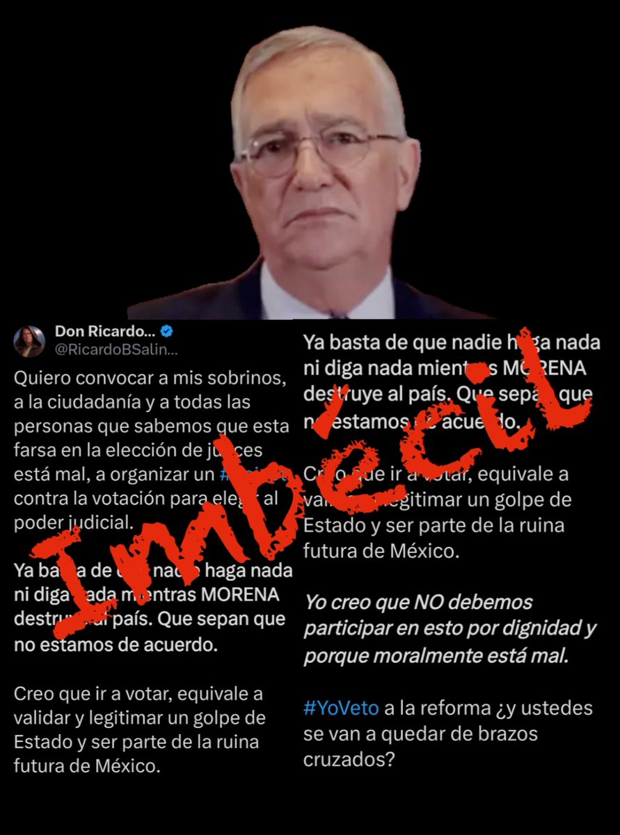 violetamg10078's tweet photo. Este imbécil vejete #SalinasPliegoCorrupto es el orquestador de la campaña en contra del nuevo poder judicial, está invitando desde sus Televisoras y  chayoteros a no votar y nosotros le decimos ...
Iremos este 1° de junio y arrasaremos 
#PlanC a consolidar 🇲🇽👊🏻👇🏻 https://t.co/eGRNJlr1To