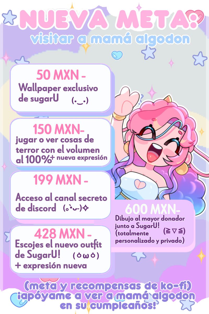 Tenemos nuestra primera meta! 
No hay presiones tenemos aún muchísimo tiempo! 
No te sientas obligado, todo está bien mientras lo hagas por las recompensas que incluye
Me esforzaré tanto en stream como fuera de para lograrlo 
Esta dinámica es exclusiva de ko-fi! 
#VTuberES #Kofi