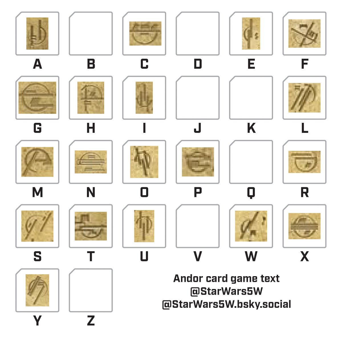 I hope I'm not stepping on @aurekfonts's toes here, but we can figure out what these letters translate to on these cards from the descriptions below them... and the two that are obscured by the ANDOR text box at the bottom read "STAR" and "COMET". Also Mountain reads "HILL".