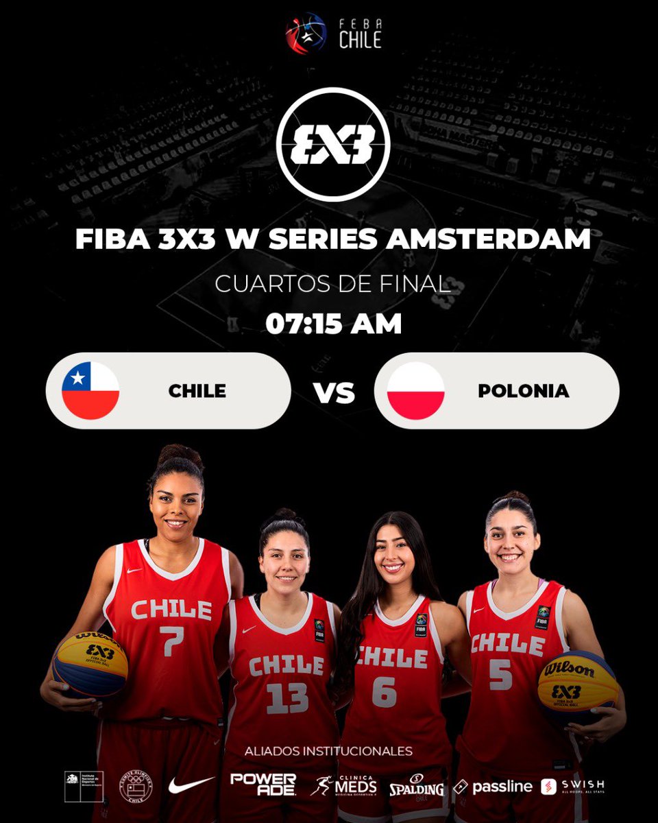 𝐂𝐡𝐢𝐥𝐞 𝐚 𝐜𝐮𝐚𝐫𝐭𝐨𝐬 𝐝𝐞 𝐟𝐢𝐧𝐚𝐥 𝐞𝐧 𝐀́𝐦𝐬𝐭𝐞𝐫𝐝𝐚𝐦 🇨🇱💪🏽🏀

La selección chilena femenina de 3x3 se instaló en los cuartos de final del FIBA 3x3 Women´s Series que se desarrolla en Ámsterdam, Países Bajos.

Nuestras representantes tuvieron un duro partido ante