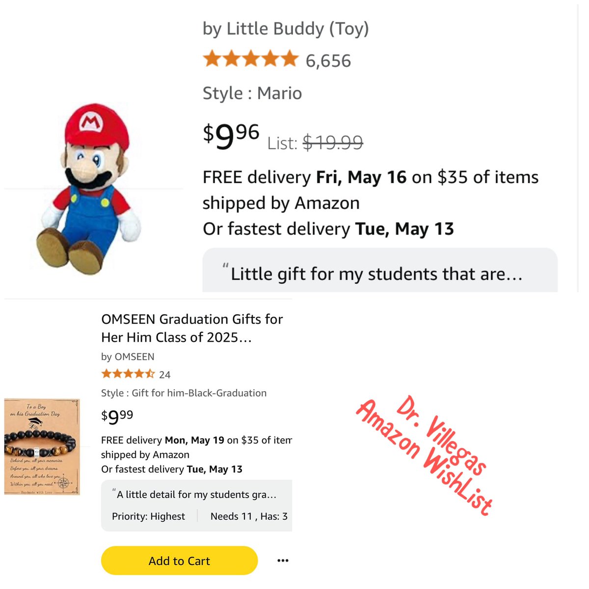 Puertorrican classroom missing 8 Marios and 2 bracelets. I want my students to have a little something from me! They are my students since 6th grade and they are moving forward! 

14 days until Graduation Day! 

👉🏻 amazon.com/hz/wishlist/ls…

#clearthelist #BetterTogether <a href="/amazon/">Amazon</a>