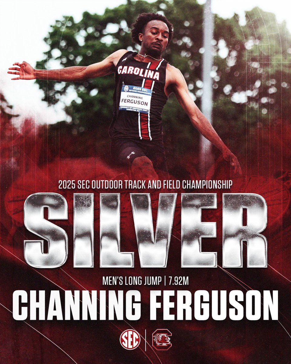 GamecockTrack's tweet photo. Best finish ever by a Gamecock in the SEC Outdoor Championship long jump!

Ferguson jumps 7.92m for 8 points and now ranks 4th in program history 🤙 https://t.co/MI45ic6t0R